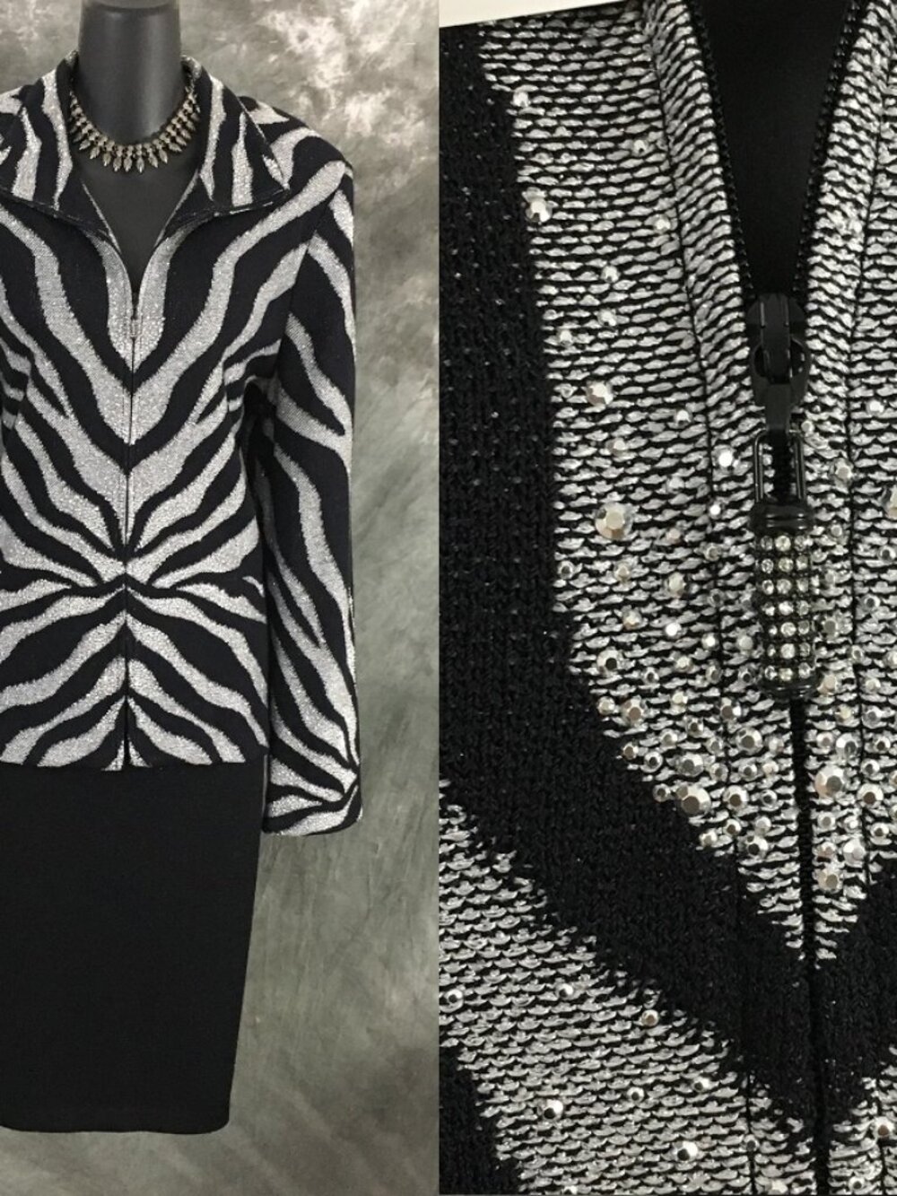 BEAUTIFUL st john evening knit Black white rhinestones embellished skirt suit 12
